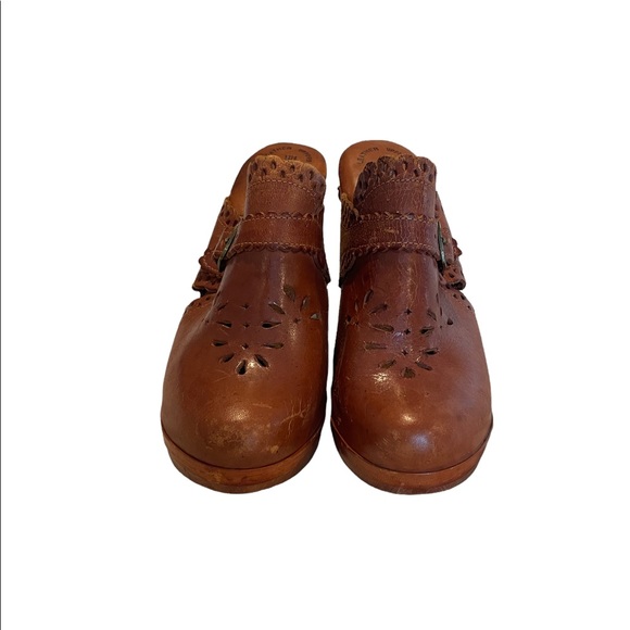 Vintage 70’s brown leather clogs with heels Hippie BoHo - Picture 2 of 9